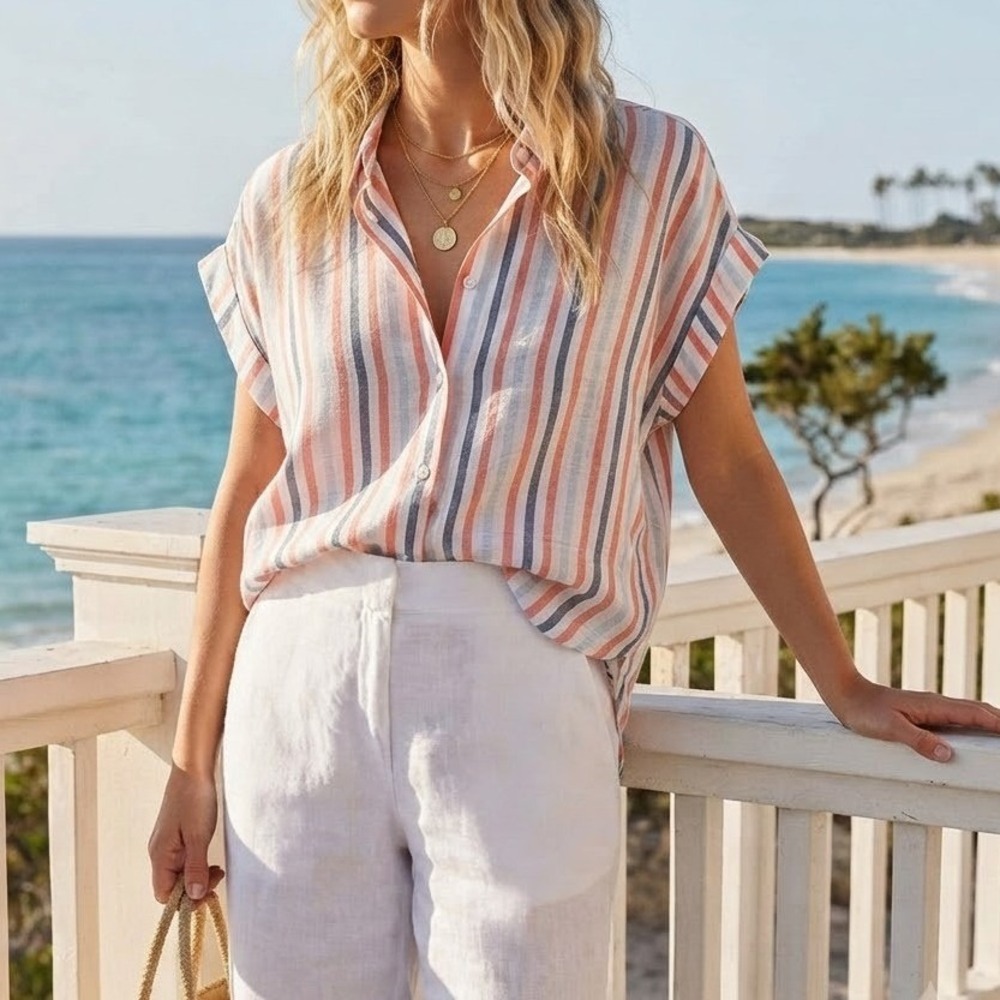 Banana Republic Linen Blend Striped Button Down Shirt Size Small Coastal Grandma